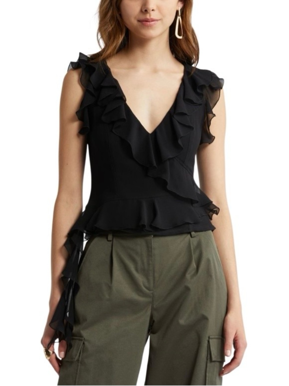 Open Edit Ruffle Black Chiffon Look  Sleeveless Crop Top Side Tie Lined Size XL